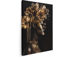 Artaza Canvas Schilderij Zwart en Goud Portret van een Vrouw met Bloemen op haar Hoofd - 30x40 cm - Klein - Wanddecoratie Woonkamer - Schilderijen - Muurdecoratie