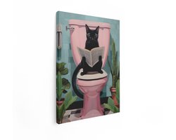 Artaza Canvas Schilderij Zwarte Kat Leest Krant Zittend op Roze Toilet in Badkamer met Planten - 30x40 cm - Klein - Wanddecoratie Woonkamer - Schilderijen - Muurdecoratie