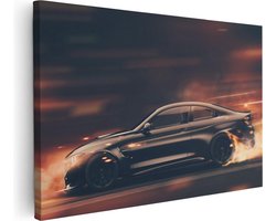 Artaza Canvas Schilderij Zwarte Sportwagen Auto Met Vlammen - 120x80 cm - Groot - Wanddecoratie Woonkamer - Schilderijen - Muurdecoratie