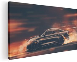 Artaza Canvas Schilderij Zwarte Sportwagen Auto Met Vlammen - 80x40 cm - Wanddecoratie Woonkamer - Schilderijen - Muurdecoratie