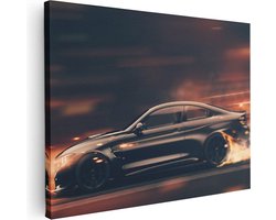 Artaza Canvas Schilderij Zwarte Sportwagen Auto Met Vlammen - 80x60 cm - Wanddecoratie Woonkamer - Schilderijen - Muurdecoratie