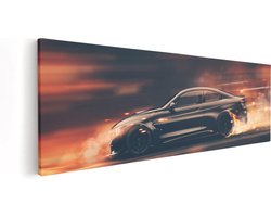Artaza Canvas Schilderij Zwarte Sportwagen Auto Met Vlammen - 90x30 cm - Wanddecoratie Woonkamer - Schilderijen - Muurdecoratie