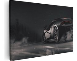 Artaza Canvas Schilderij Zwarte Sportwagen Auto Nabij Een Stad - 120x80 cm - Groot - Wanddecoratie Woonkamer - Schilderijen - Muurdecoratie