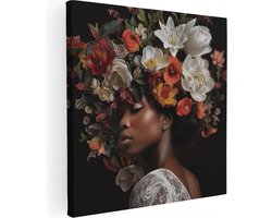 Artaza Canvas Schilderij Zwarte Vrouw met Bloemen op haar Hoofd - 60x60 cm - Wanddecoratie Woonkamer - Schilderijen - Muurdecoratie