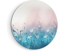 Artaza Dibond Muurcirkel Witte Bloemen Op Een Blauw Achtergrond - Ø 50 cm - Klein - Wandcirkel - Rond Schilderij - Voor Binnen en Buiten
