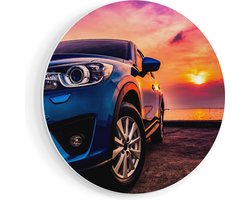 Artaza Forex Muurcirkel Blauwe Sportwagen Auto Bij Zonsondergang - 50x50 cm - Klein - Wandcirkel - Rond Schilderij - Muurdecoratie Cirkel
