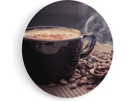 Artaza Forex Muurcirkel Hete Koffie Kop Met Koffiebonen - 40x40 cm - Klein - Wandcirkel - Rond Schilderij - Wanddecoratie Cirkel