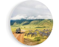 Artaza Forex Muurcirkel Safari Auto tussen de Zebra's - 70x70 cm - Wandcirkel - Rond Schilderij - Wanddecoratie Cirkel - Muurdecoratie