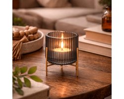 Arti Casa Kaarshouder Frame - Glazen Waxinelichthouder met Metalen Onderstel - Trendy en Stijlvol Design - Rond Model - Afmeting Ø9 x H9,5 cm - Kleur Grijs met Goudkleurig Frame