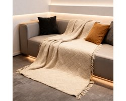 Arti Casa Plaid Beige - Gemaakt van 340GSM Katoen - Heerlijk Zacht en Warm - Gemêleerd Patroon met Sierlijke Franjes - Ideaal voor op de Bank of het Bed - Afmeting 130x170cm