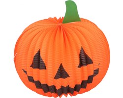 Arti Casa Pompoen Lantaarn - Halloween Decoratie - Diameter 25 cm - Gemaakt van Papier en Polyester - Geschikt voor Gebruik Binnen en Buiten - Oranje met Zwart Gezicht - Sfeervolle Herfstverlichting
