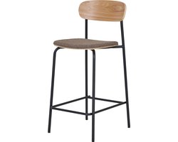 Artichok Justus Barkruk Bruin - Houten Rugleuning - Zwarte Metalen Poten - Stoffen Zitting Bruin - met Voetsteun - Industrieel - Modern - Japandi Stijl