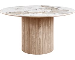 Artichok Ronda Houten Eettafel Met Keramiek Blad - Rond - Bruin - Wit - Gemarmerd - 5 tot 6 personen Ø140 x 75 cm