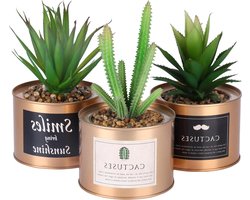 Artificieel Groene Plastic Planten in Koper Metalen Potten - Set van 3 - 10 x 75 cm - Nep Faux Vetplanten Kaktus - Huis & Kantoor Decoratie