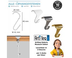Artiteq 2x Grote Museum- & Galeriehaken voor houten schilderij ophangrails - kleur Messing