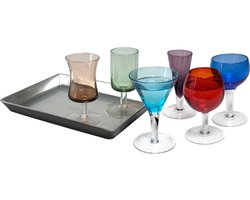 Artland set van 7 gekleurde likeur glaasjes op voet met dienblad 9,5 cm