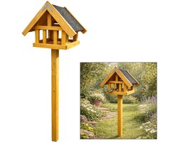 ARTLAND Vogelvoederhuisje op Paal - Houten Voederstation met Bitumen Dak - 55 x 39 x 145 cm - Naturel