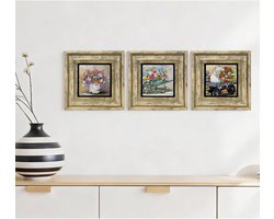 Artlijn Bloemen Wanddecoratie – Set van 3 Natuursteen Art Prints – Rustieke Landelijke Decoratie