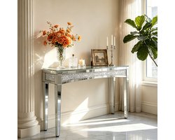 Artloge Consoletafel - Sidetable - Spiegel Wandtafel met Diamant - Zilver - 120 x 35 x 80 cm - Console Tafel voor Hal, Woonkamer, Entree