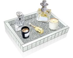 Artloge Diensblad Rechthoekig - Zilveren Spiegel Opbergblad met Crushed Diamonds - voor Parfum, Sieraden, Make-up - 37.5 x 27.5 x 5 cm