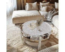 Artloge Modern Design Salontafel - Ronde Spiegeltafel - Luxe Decoratieve Tafel - Glanzend Zilveren Rand en Poten - Crushed Diamond Tafelblad - 80cm x 80cm x 46cm