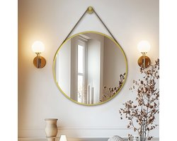 Artloge Ronde Gouden Spiegel - 60cm Wandspiegel met Leren Hangriem - Aluminium Frame - Badkamerspiegel, Vanity Spiegel voor Hal, Slaapkamer, Woonkamer