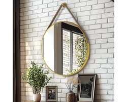 Artloge Ronde Gouden Spiegel - 80cm Wandspiegel met Leren Hangriem - Aluminium Frame - Badkamerspiegel, Vanity Spiegel voor Hal, Slaapkamer, Woonkamer