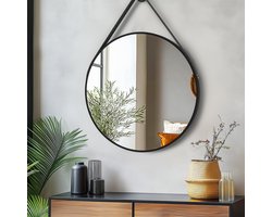 Artloge Ronde zwarte Spiegel - 60cm Wandspiegel met Leren Hangriem - Aluminium Frame - Badkamerspiegel, Vanity Spiegel voor Hal, Slaapkamer, Woonkamer