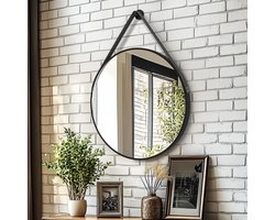 Artloge Ronde zwarte Spiegel - 70cm Wandspiegel met Leren Hangriem - Aluminium Frame - Badkamerspiegel, Vanity Spiegel voor Hal, Slaapkamer, Woonkamer