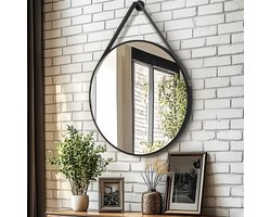 Artloge Ronde zwarte Spiegel - 80cm Wandspiegel met Leren Hangriem - Aluminium Frame - Badkamerspiegel, Vanity Spiegel voor Hal, Slaapkamer, Woonkamer