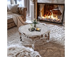 Artloge Salontafel - Ronde Spiegeltafel - Luxe Decoratieve Tafel - Glanzend Zilveren Rand en Poten - Crushed Diamond Tafelblad - 80x80x46cm