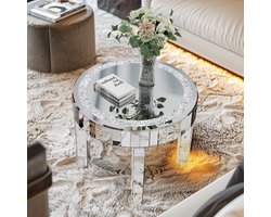 Artloge Salontafel - Ronde Spiegeltafel met Kristal Diamanten - Zilveren Glazen Bijzettafel - Woonkamer Meubels - 60x50cm