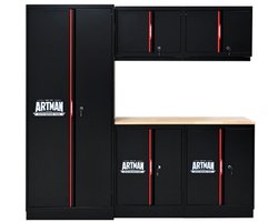 Artman Garagekasten Set – 5-Delig – Zwart met Rode Accenten – Inclusief Werkblad – Met Slot – Wand- en Staande Kasten