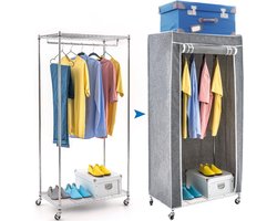 Artmoon BUFFALO - Stevige Verrijdbare Garderobekast Met Schoenenrek - Mobiele Stoffen Kleding Kast Op Wielen Met Kleding Stang - Kleren Kledingrek Opbergkast Zonder Deuren -  Rek Hangkast Legkast Op Wielen - Metalen Frame - 75 x 45 x 150 cm - Grijs