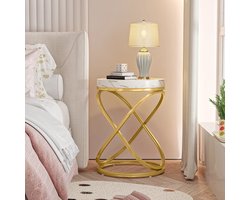 Asaam- Tribesigns 26 Inch Wit En Goud met Faux Marmeren Top -Einde Tafels -Bijzettafel Woonkamer, Ronde Nachtkastjes -Sofa Bijzettafel Met X-Vormig