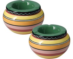 Asbak - 2x - gekleurd - D14 cm - aardewerk - groen - rond - buiten/binnen asbakken - kleurrijk