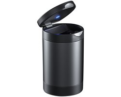 Asbak met deksel, rook- en geurvrije asbak met bekerhouder, afneembare roestvrijstalen auto-asbak met LED-verlichting, geschikt voor de meeste auto's/kantoren/woningen (grijze uitvoering)