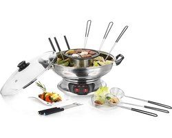 Asia bouillon fondue voor vis en vlees - incl. grillplaat en glazen deksel - 4 l capaciteit - 2 warmtestanden - elektrische hot pot-set - roestvrij staal fondue set
