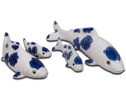 Asian mooie Chinese keramiek handbeschilderde koi karper vissen set van 4 - 12 x 14 x 44 cm wit blauw kan ook aan de muur - Kooi Carp family
