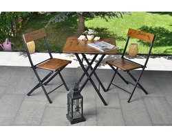 Asir Garden Table & Chairs Set (3 Pieces). 100% MDF. Metal Legs. Table Size: Width: 60 cm Height: 73 cm Depth: 60 cm. Chair Size: Width: 40 cm Height: 83 cm Depth: 40 cm. Chair Seat Height: 45 cm. Additional Storage. Multipurpose Table. Assembled