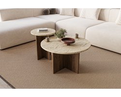 Asir - Salontafelset - Travertijn, walnoot - 100% met melamine gecoat spaanplaat - 74,5 x 74,5 x 13 cm