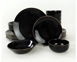 Asir Serviesset - Dinerset (24 Stuks). Zwart/Goud - Serveerbord: 26 cm (6 stuks) Bord: 18 cm (6 stuks) Neemt geen water op Antibacterieel Eenvoudig te reinigen Materiaal Bestand tegen thermische schokken Oppervlaktehardheid 100% KERAMISCH AARDEWERK