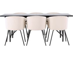 Astrid eethoek tafel zwart en 6 berit stoelen beige.