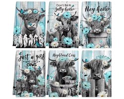 @ Lu’s Today® – Basic Household Essentials – Schotse Hooglander Keukendoeken – Set van 6 – Turquoise‑Blauw & Grijs – Cartoon Design – Ultraluxe Microvezel – 45,72×66,04 cm – Machinewasbaar