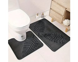 AtelierVolto 2-Delige Zachte Geheugenfoam Badmat Set- WC-mat – Absorberend & Antislip – Wasbare Badkamer Matten met Varenblad Reliëf Donker Grijs