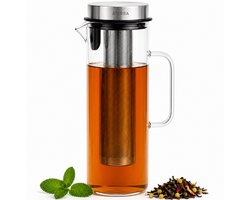 Aterra Waterkan Glas 1,5L met RVS Infuser (Karaf) - Theekan - Borosilicaatglas - Hittebestendig - Losse Thee, Cold Brew & Fruitwater - BPA-vrij - Druppelvrij - Vaatwasmachinebestendig - Past in Koelkast