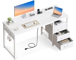 Atlasyx bureau - Tafel - Bureau met lades - Bureautafel - Werktafel - Computerbureau - 2x Stopcontact - 120 x 48 x 75,5 cm - Wit