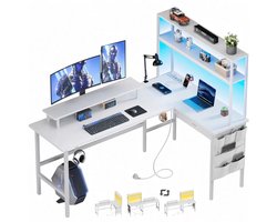 Atlasyx bureau - Tafel - Gaming bureau - Bureautafel - Bureau met opbergruimte - L vormig bureau - LED-verlichting - 170x74cm- Wit