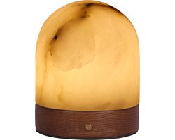 Atmooz Edmonto Tafellamp Oplaadbaar – H12 cm – compacte LED tafel lamp binnen – decoratieve tafellamp voor dressoir of tafel – geïntegreerde LED 3000K – eikenfineer voet met alabaster kap – moderne sfeerlamp – bruin