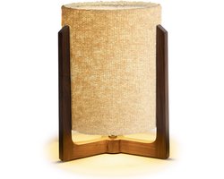 Atmooz Enzo Tafellamp – H 43 cm – Ø 28 cm – E27 fitting – Teak houten voet – Bouclé lampenkap – Authentieke tafellamp voor woonkamer, slaapkamer